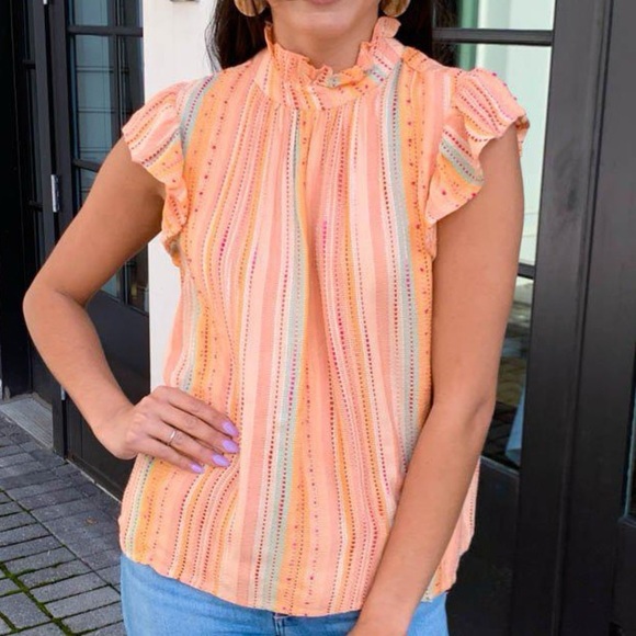 THML Women Medium Freeport Woven Striped Flutter Sleeve Embroidered Top Peach - Picture 4 of 12